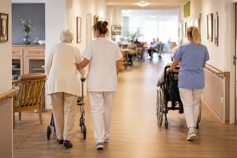 Pflegekraft begleitet eine ältere Bewohnerin mit Rollator in einer Senioreneinrichtung.