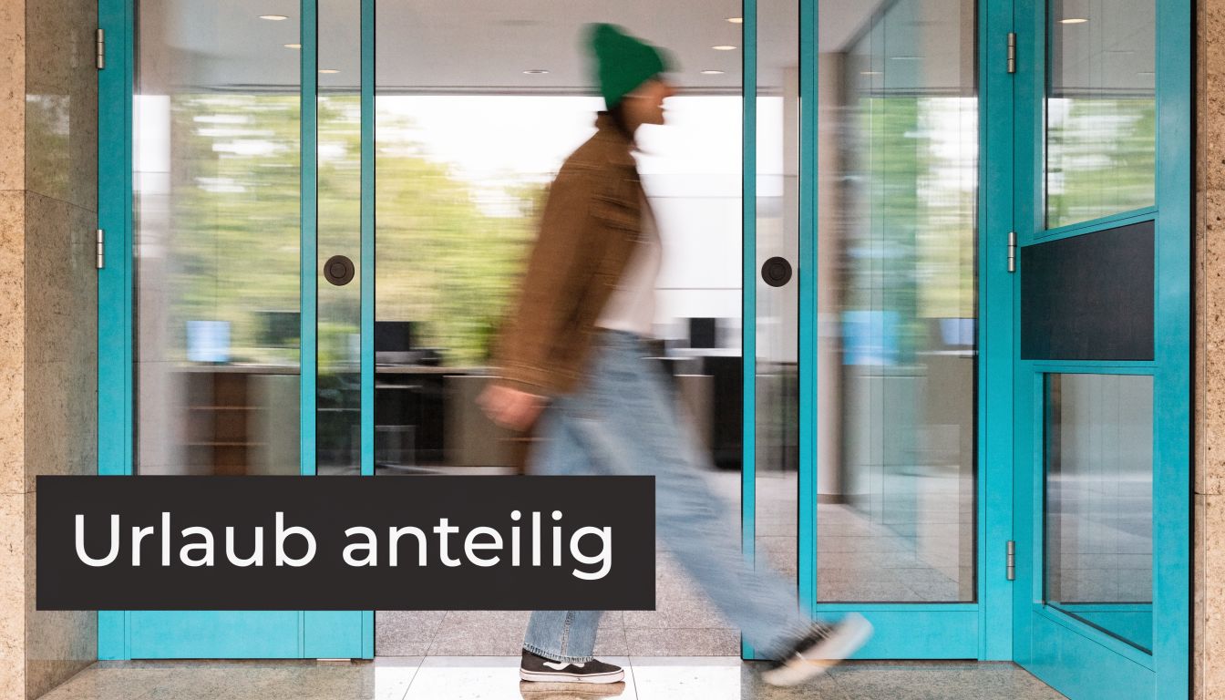 Eine Person mit grüner Mütze betritt durch eine Glastür ein Bürogebäude, unterlegt mit dem Text Urlaub anteilig.