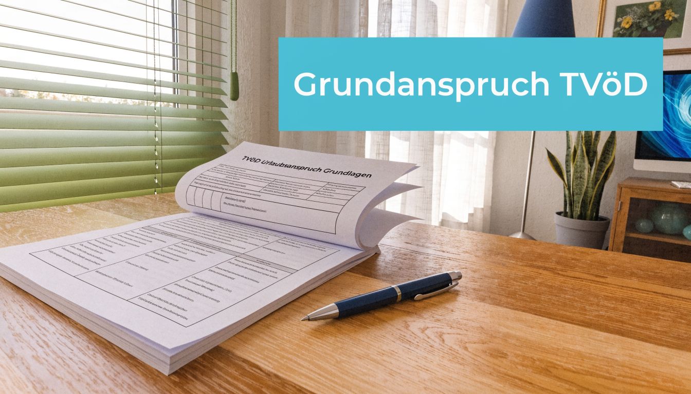 Ein Schreibtisch mit Unterlagen zum Urlaubsanspruch nach TVöD und einem Stift in einem hellen, freundlichen Büro.