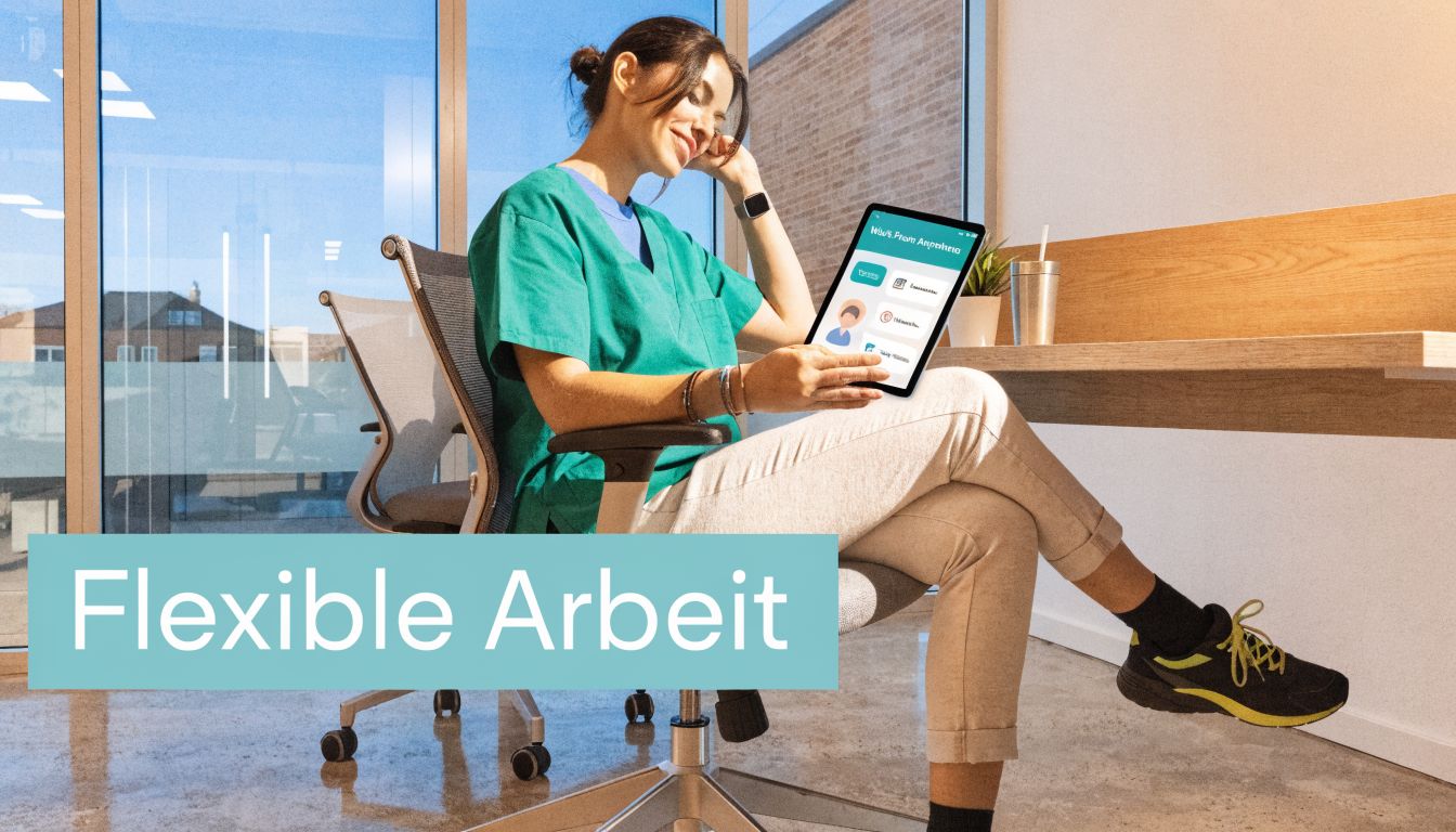 Eine Ärztin in grüner Arbeitskleidung sitzt entspannt im Büro und prüft digitale Informationen auf ihrem Tablet.