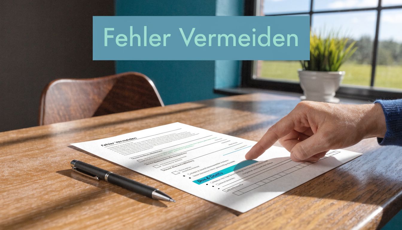 Eine Hand deutet auf ein Formular mit dem Titel Fehler Vermeiden auf einem hölzernen Schreibtisch.