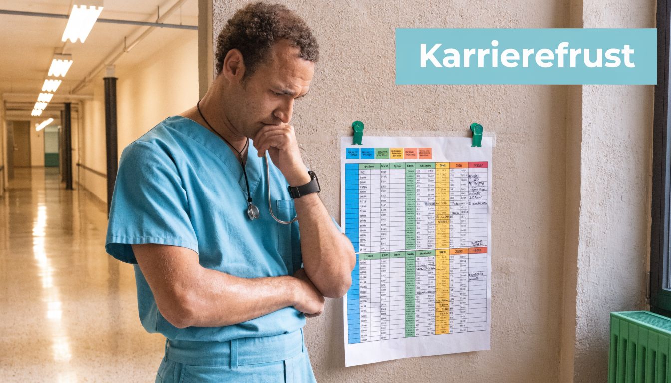 Ein nachdenklicher Arzt in blauer Arbeitskleidung steht vor einem Dienstplan an einer Krankenhauswand.