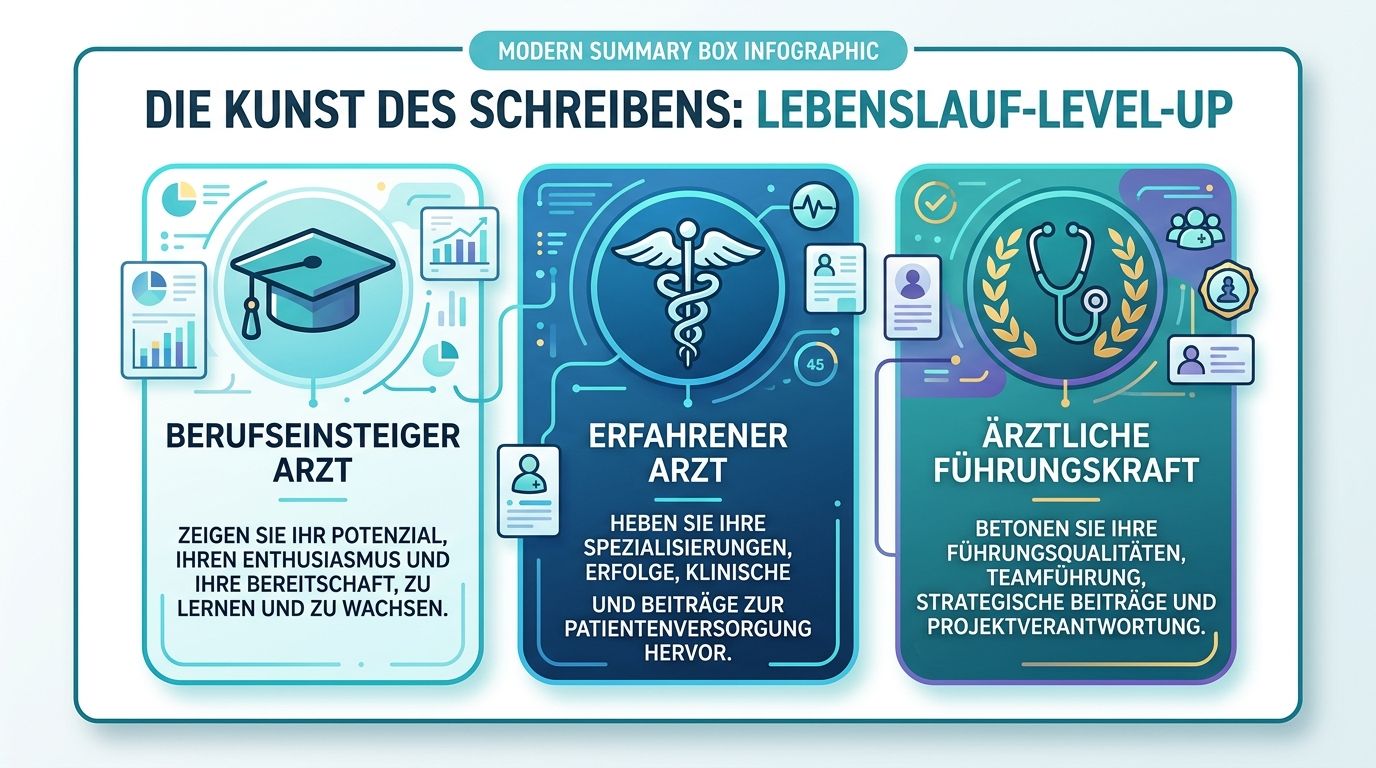 Eine Infografik zur Optimierung des Lebenslaufs für Mediziner vom Berufseinsteiger bis zur ärztlichen Führungskraft.