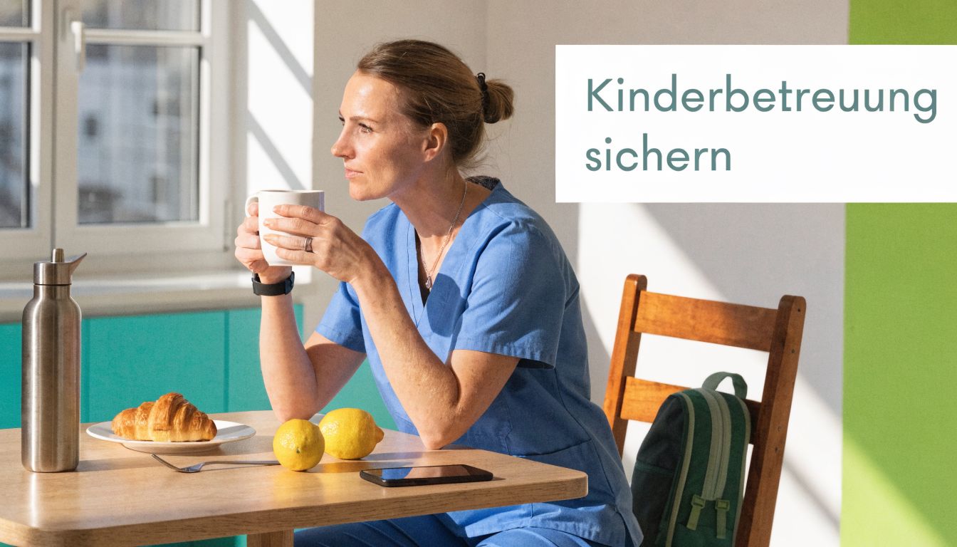 Eine Frau in blauer Arbeitskleidung trinkt morgens Kaffee an einem Tisch mit Frühstück und Rucksack.