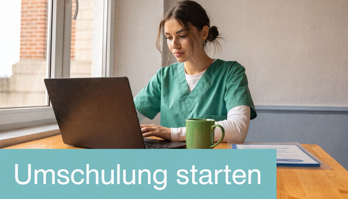 Eine junge Frau in medizinischer Arbeitskleidung sitzt am Laptop und recherchiert Informationen für ihre berufliche Neuorientierung.