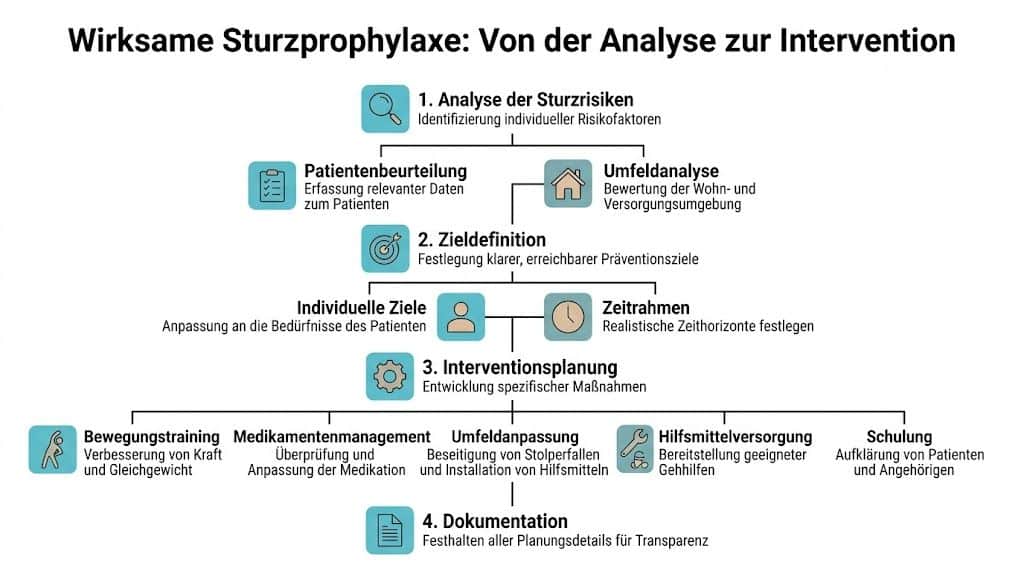 Ein strukturiertes Flussdiagramm zeigt die Phasen der effektiven Sturzprophylaxe von der Risikoanalyse bis zur Maßnahmenplanung und Dokumentation.
