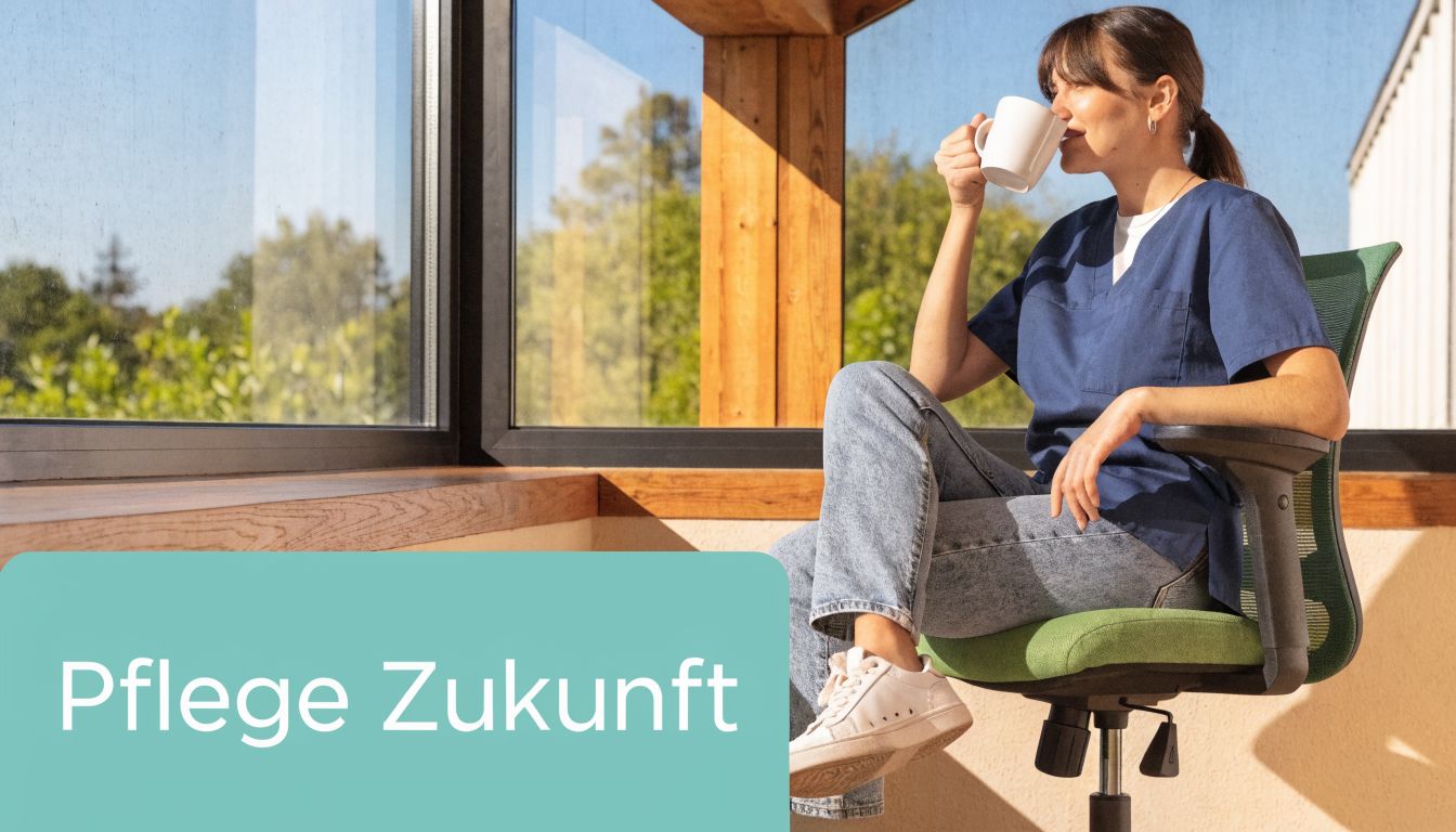 Eine Pflegekraft sitzt in einem bequemen Stuhl an einem sonnigen Fenster und trinkt entspannt eine Tasse Kaffee.