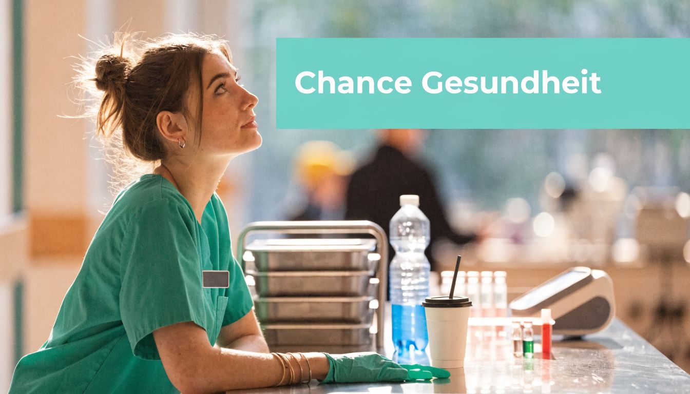Eine junge Krankenschwester in grüner Arbeitskleidung blickt nachdenklich auf, während sie an einem Tisch in einem Krankenhaus steht.