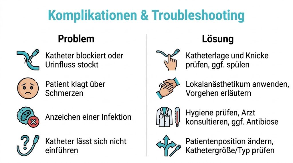 Eine Übersichtstabelle mit Komplikationen beim Blasenkatheter und den dazugehörigen Lösungen für medizinisches Fachpersonal und Pflegekräfte.