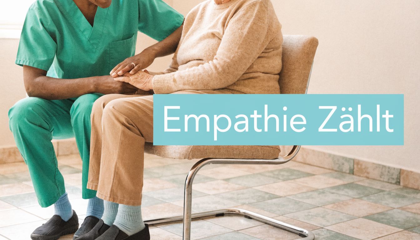 Eine Pflegekraft hält einfühlsam die Hand einer älteren Person, die auf einem Stuhl in einem Raum sitzt.