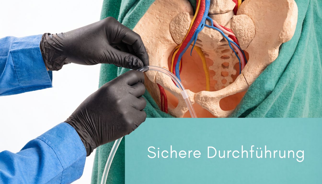 Eine medizinische Fachkraft mit schwarzen Handschuhen bei der simulierten Einführung eines Katheters in ein anatomisches Beckenmodell.