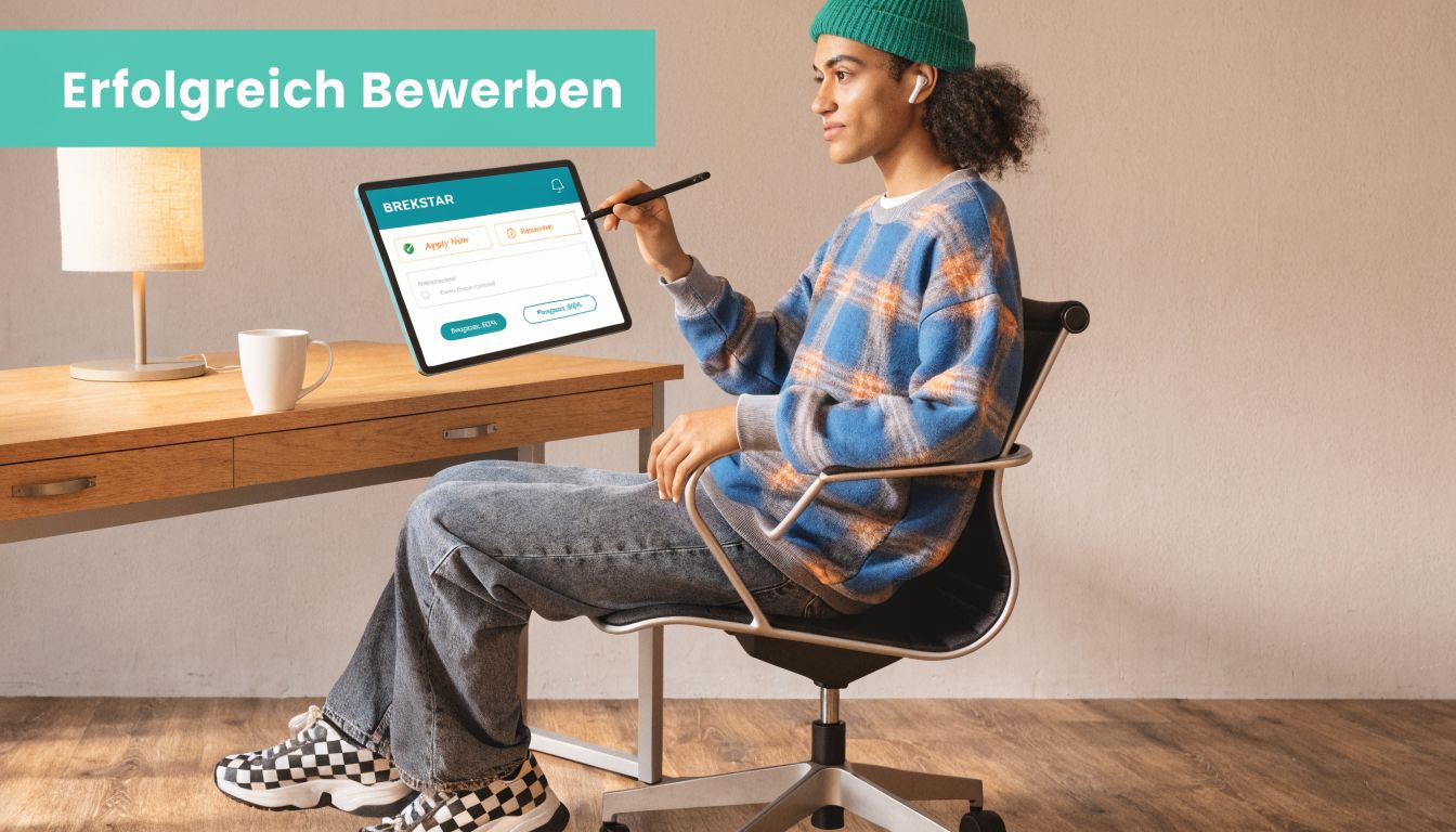Eine Person sitzt an einem Schreibtisch und bewirbt sich erfolgreich online über ein digitales Tablet.