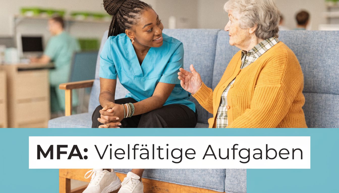 Eine medizinische Fachangestellte unterhält sich freundlich mit einer älteren Patientin auf einem Sofa in einer Arztpraxis.