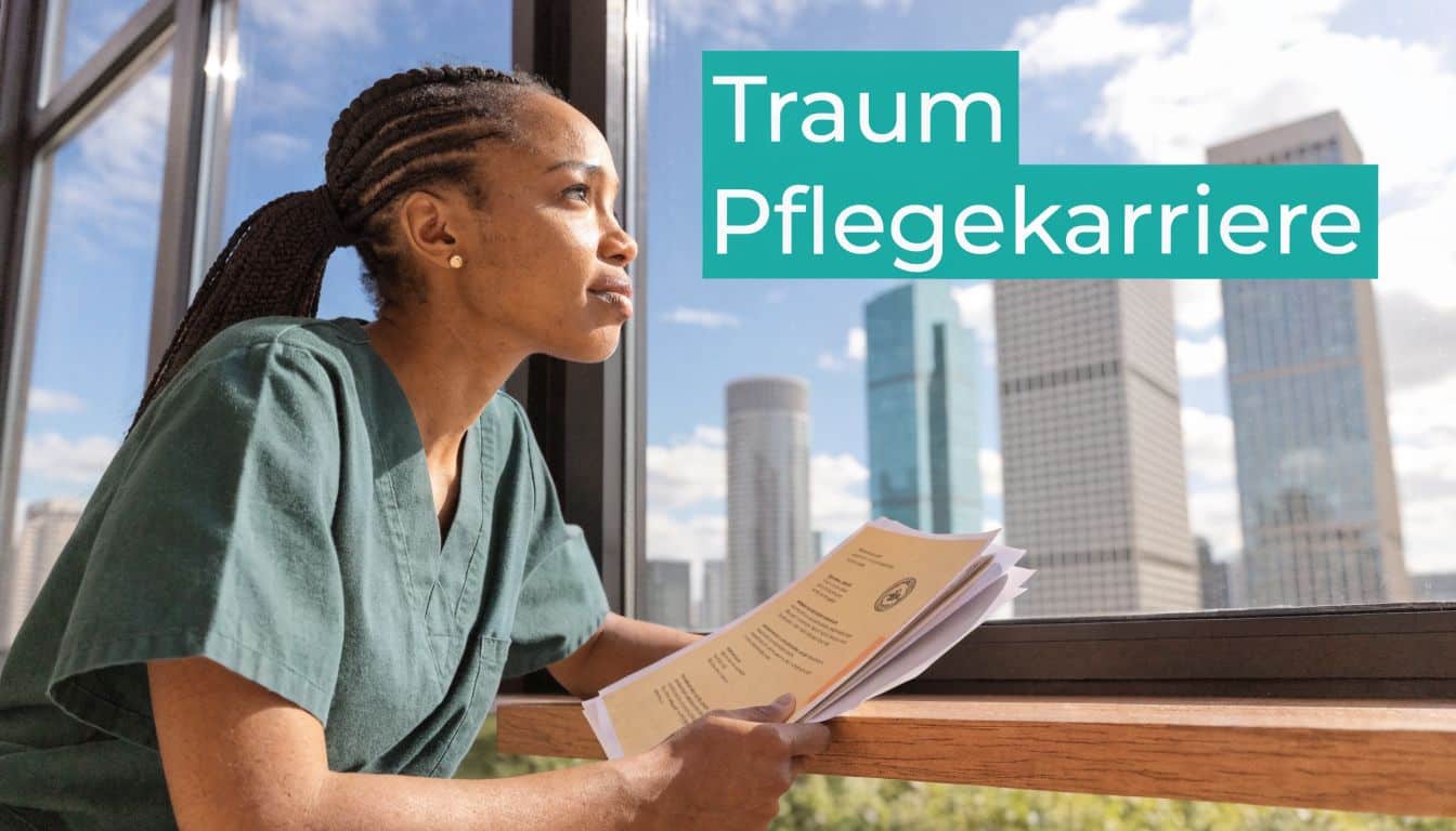 Eine nachdenkliche Krankenschwester blickt aus einem Fenster auf eine moderne Skyline und hält wichtige Dokumente in den Händen.
