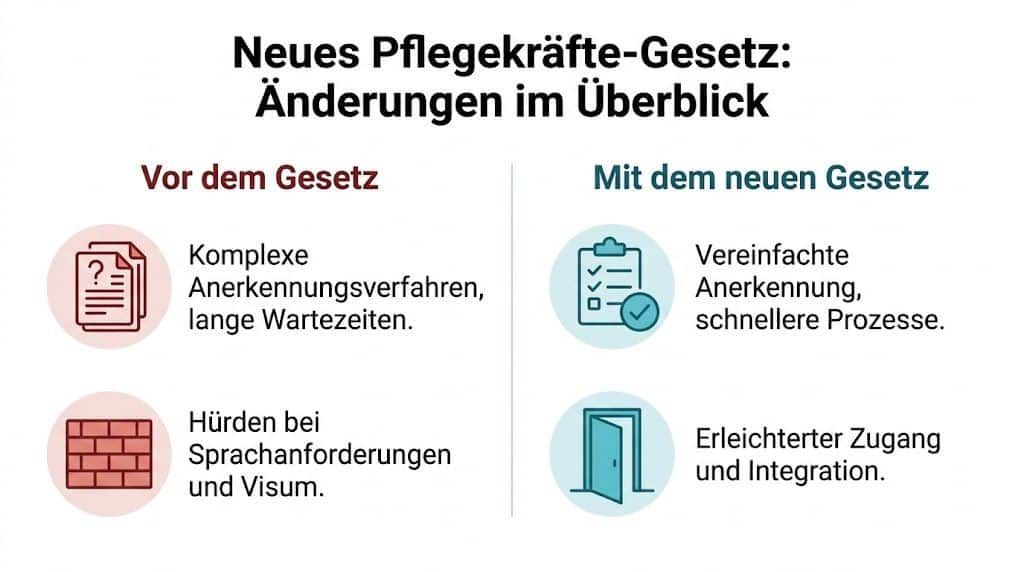 Grafik vergleicht bürokratische Hürden für ausländische Pflegekräfte vor und nach der Einführung des neuen Pflegekräfte-Gesetzes.