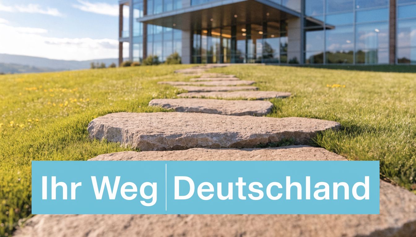 Ein steinerner Pfad führt über eine grüne Wiese direkt zu einem modernen Bürogebäude im Hintergrund.