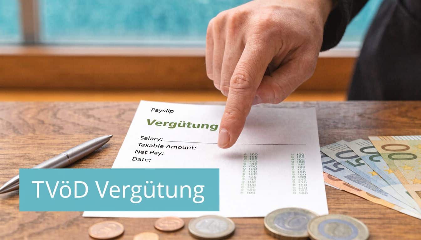 Eine Hand zeigt auf ein deutsches Gehaltsabrechnungsformular mit Geldscheinen und Münzen auf einem hölzernen Schreibtisch.