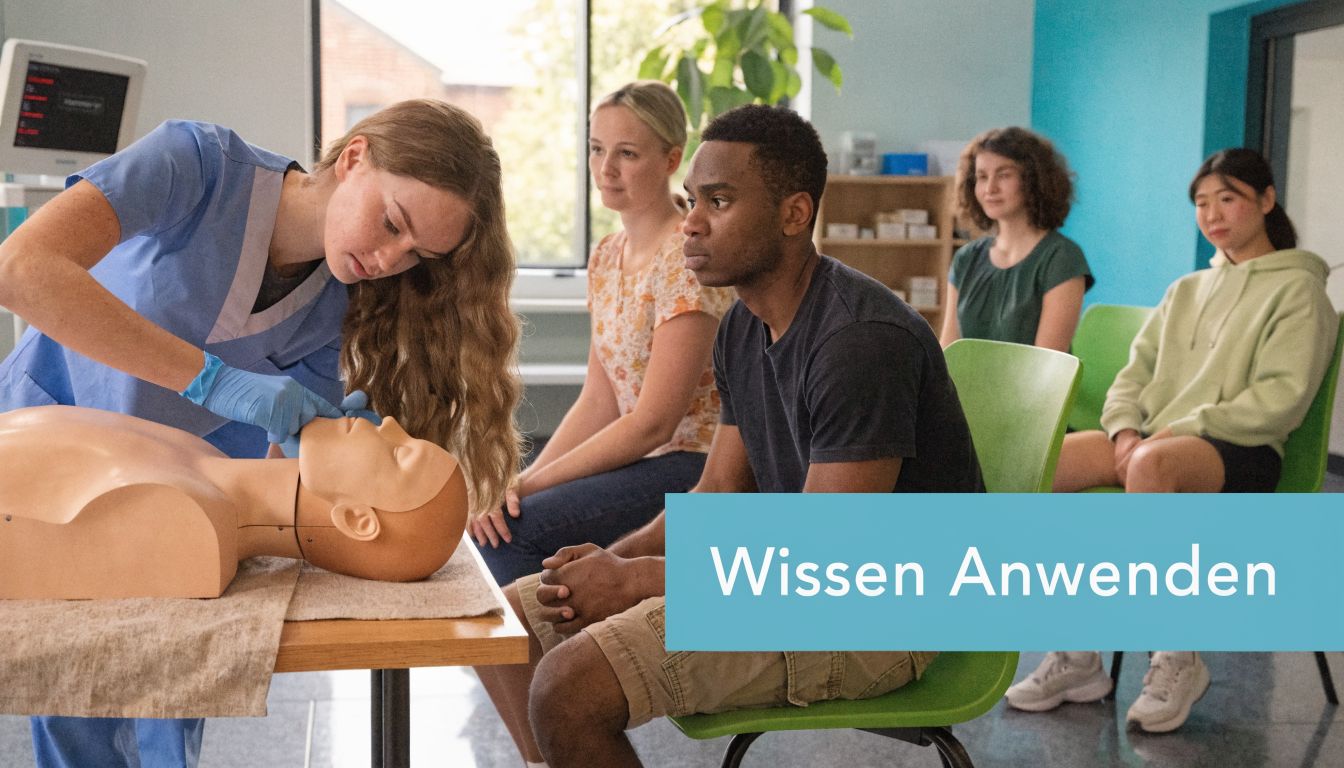 Eine Pflegerin demonstriert an einer Übungspuppe Erste-Hilfe-Maßnahmen vor einer Gruppe von Auszubildenden in einem Kurs.