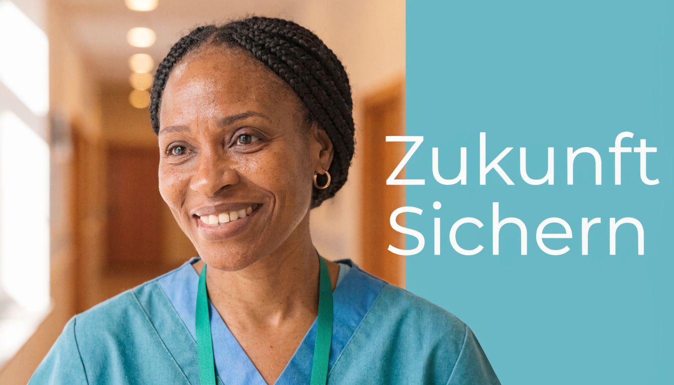 Eine lächelnde Pflegekraft in Arbeitskleidung vor einer hellen Kulisse mit dem deutschen Text Zukunft Sichern