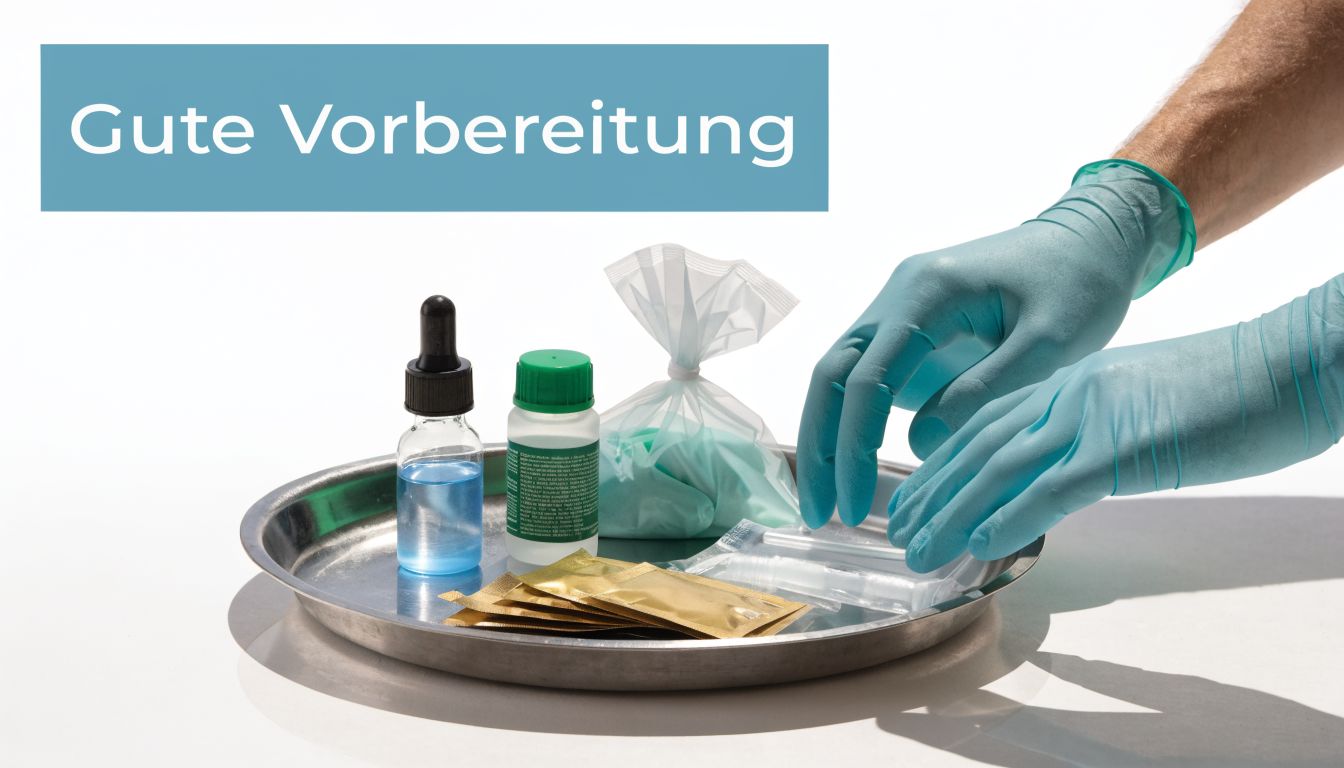 Ein Paar mit medizinischen Handschuhen bereitete sterile Instrumente auf einem Metalltablett für einen medizinischen Eingriff vor.