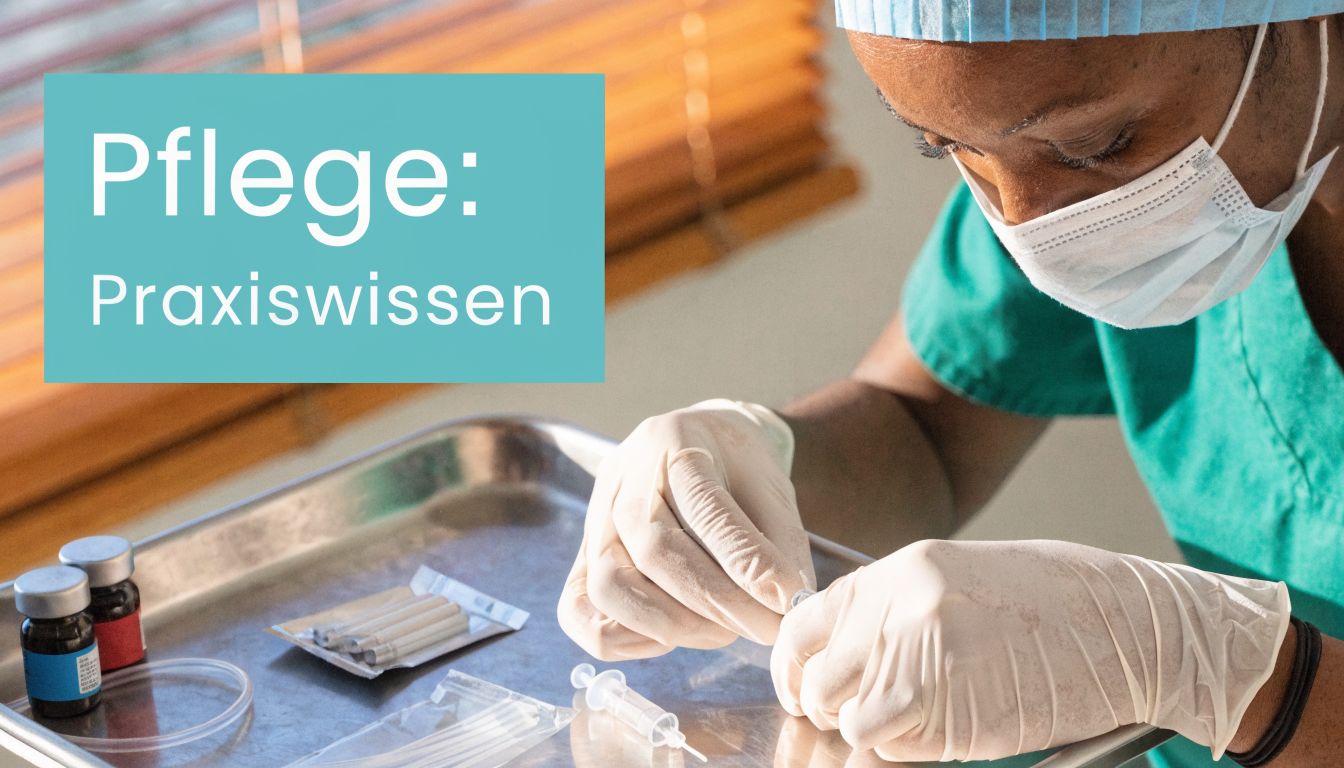 Eine Pflegekraft mit Mundschutz und Handschuhen bereitet medizinische Utensilien für einen suprapubischen Katheter auf einem Tablett vor.