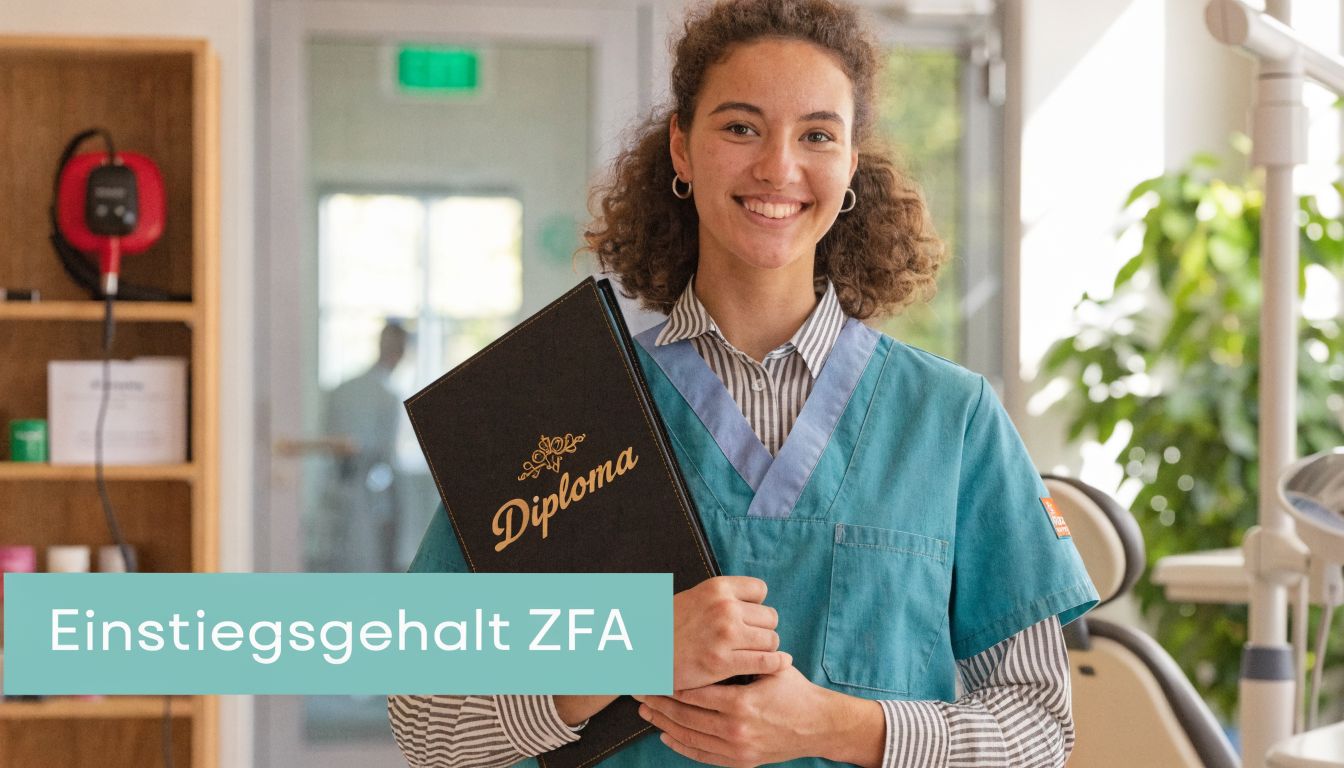 Eine junge lächelnde Frau in medizinischer Arbeitskleidung hält ein Diplom in einer Zahnarztpraxis in den Händen.