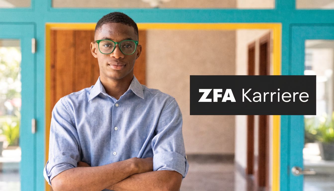 Ein junger Mann mit Brille in einem blauen Hemd vor einem Hintergrund mit der Aufschrift ZFA Karriere.