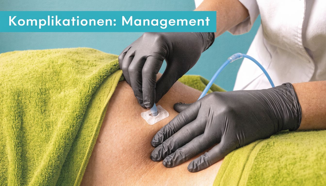 Ein medizinischer Fachmann mit schwarzen Handschuhen bei der Pflege eines suprapubischen Katheters am Patientenbauch.
