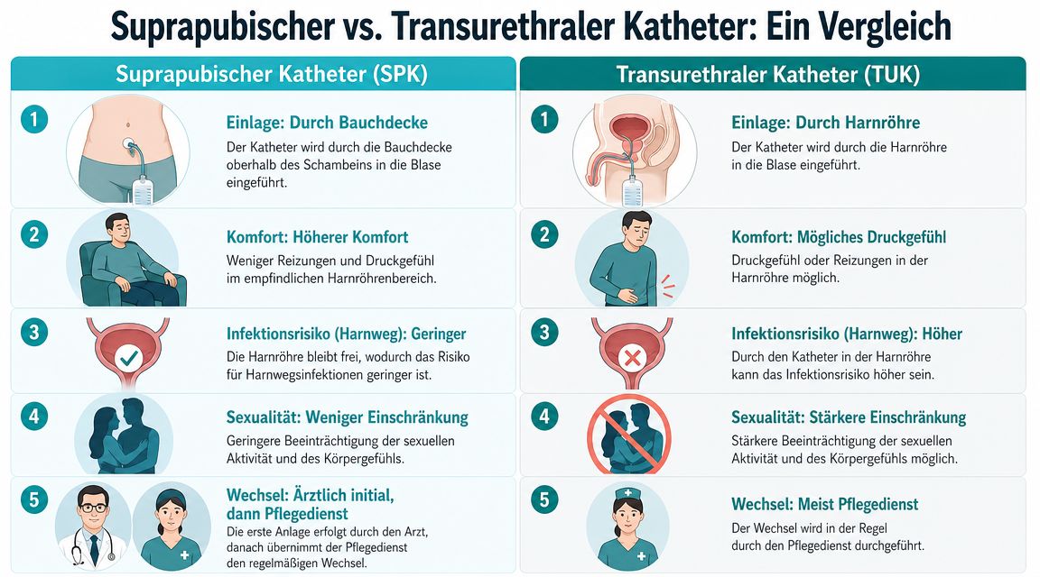 Vergleichsgrafik zwischen einem suprapubischen Katheter durch die Bauchdecke und einem transurethralen Katheter durch die Harnröhre.