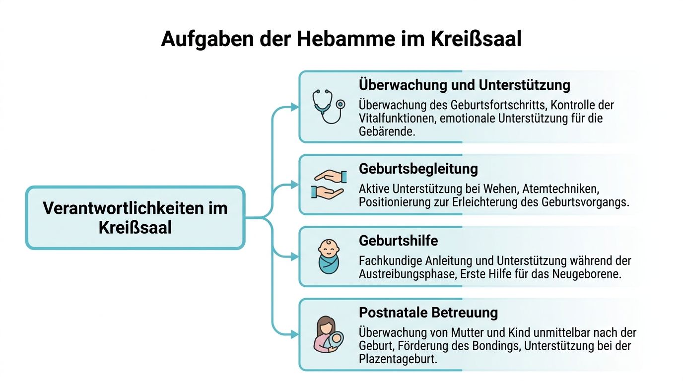 Übersicht der Aufgaben und Verantwortlichkeiten einer Hebamme im Kreißsaal, unterteilt in Überwachung, Geburtsbegleitung, Geburtshilfe und postnatale Betreuung.
