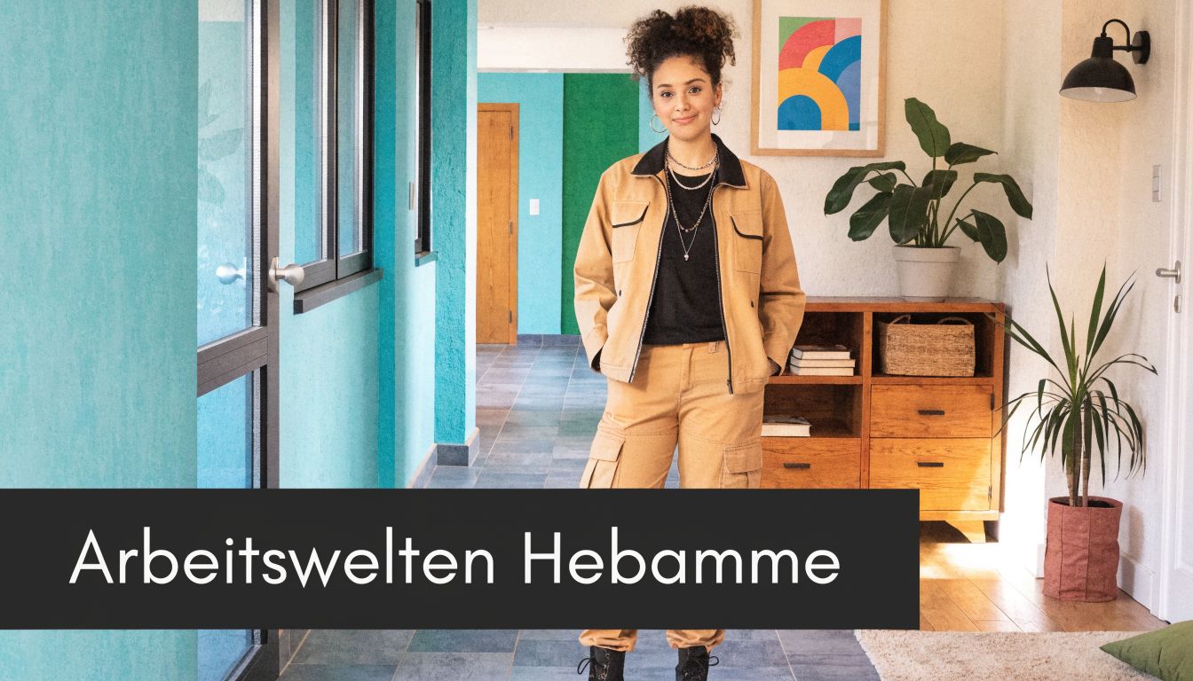 Eine freundliche Hebamme steht in einem modern gestalteten Flur und lächelt in die Kamera.