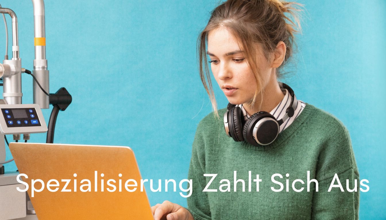 Eine junge Frau mit Kopfhörern arbeitet an ihrem Laptop neben einem medizinischen Gerät vor einem blauen Hintergrund.