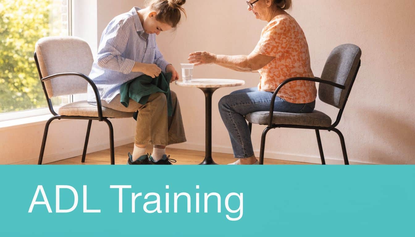 Eine Therapeutin unterstützt eine ältere Frau bei der Übung von alltäglichen Handgriffen während des ADL-Trainings am Tisch.