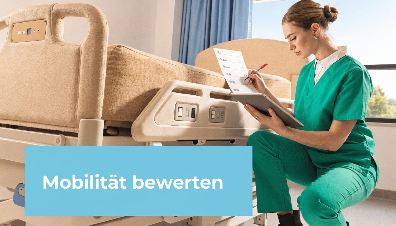 Eine Pflegekraft in grüner Arbeitskleidung kniet neben einem Krankenhausbett und macht sich Notizen auf einem Klemmbrett.