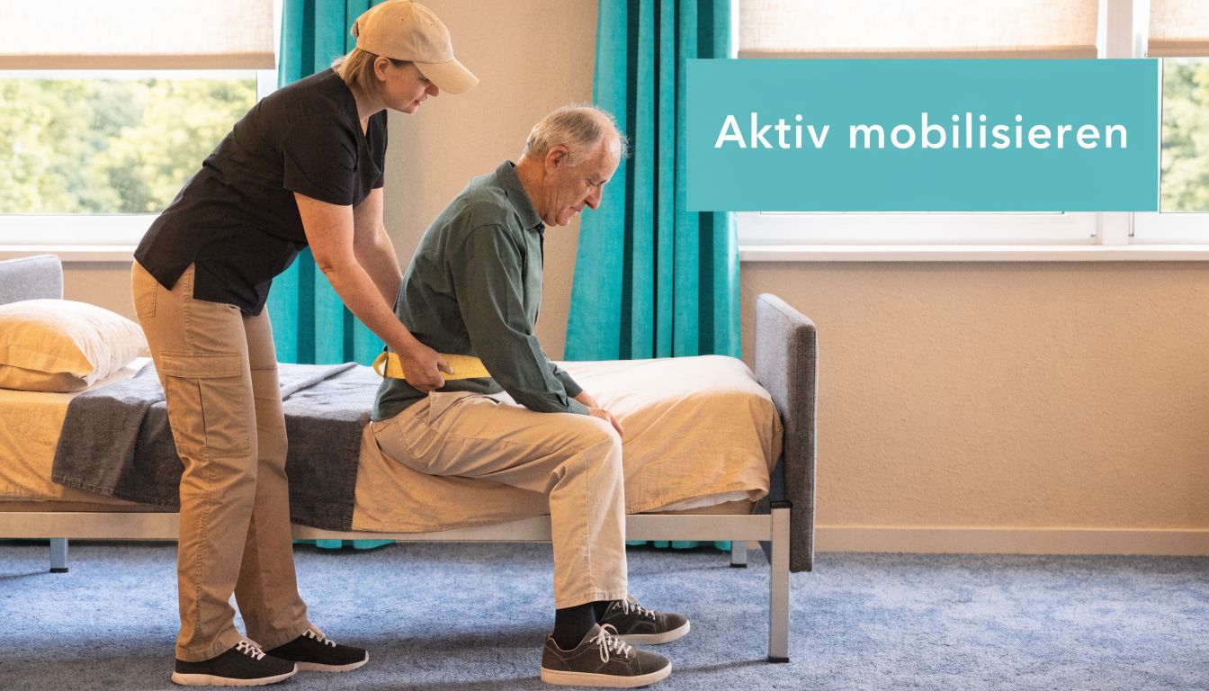 Eine Pflegekraft unterstützt einen älteren Mann beim Aufstehen von seinem Pflegebett mit einem speziellen gelben Transfergurt.