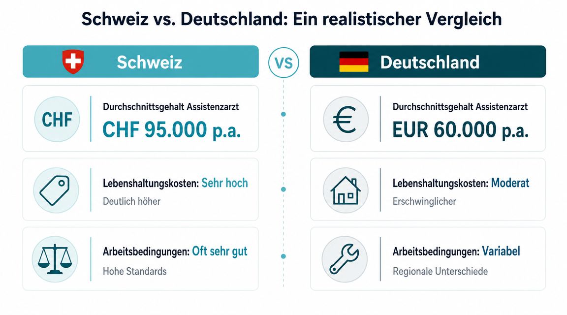 Ein grafischer Vergleich von Gehalt, Lebenshaltungskosten und Arbeitsbedingungen für Assistenzärzte in der Schweiz und in Deutschland.