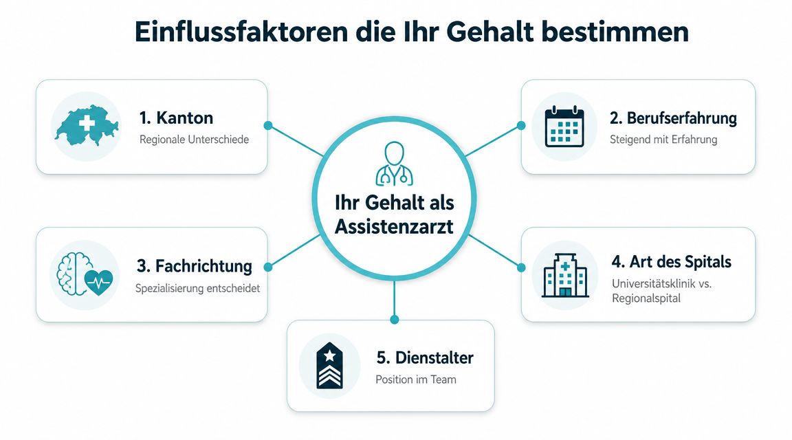 Eine Infografik mit fünf Faktoren, die das Gehalt von Assistenzärzten in der Schweiz beeinflussen.