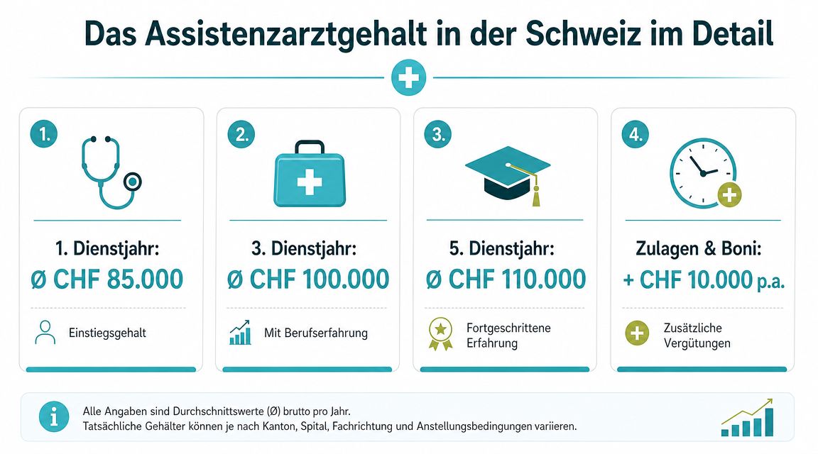 Infografik zum durchschnittlichen Jahresgehalt von Assistenzärzten in der Schweiz aufgeschlüsselt nach Dienstjahren sowie zusätzlichen Boni.