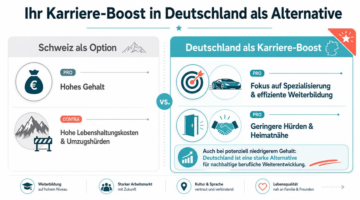 Vergleichsgrafik zwischen Karrierechancen in der Schweiz und in Deutschland für Mediziner und Fachkräfte.