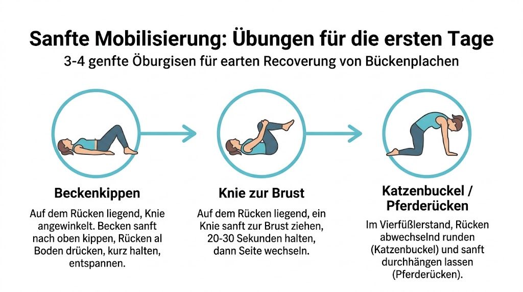 Illustrationen von drei sanften Mobilisierungsübungen zur Linderung von Rückenschmerzen für den Heilungsprozess in den ersten Tagen.