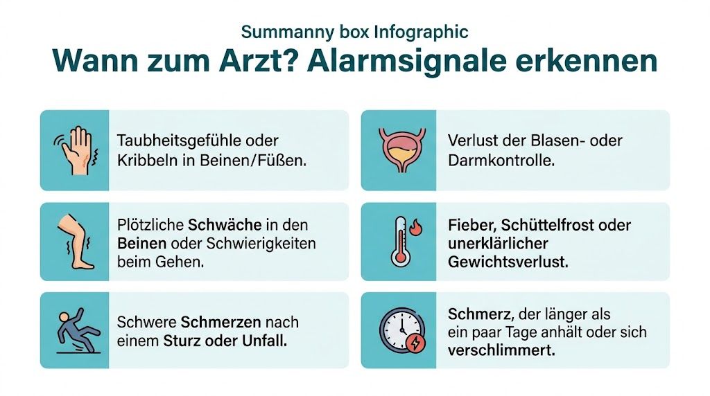 Eine Infografik mit sechs Warnsignalen, bei denen ein Arztbesuch aufgrund gesundheitlicher Beschwerden dringend erforderlich sein kann.