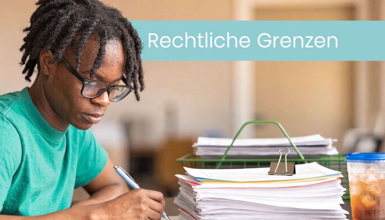 Ein junger Mann mit Brille und Locken arbeitet konzentriert an einem Schreibtisch mit Unterlagen unter der Überschrift Rechtliche Grenzen.