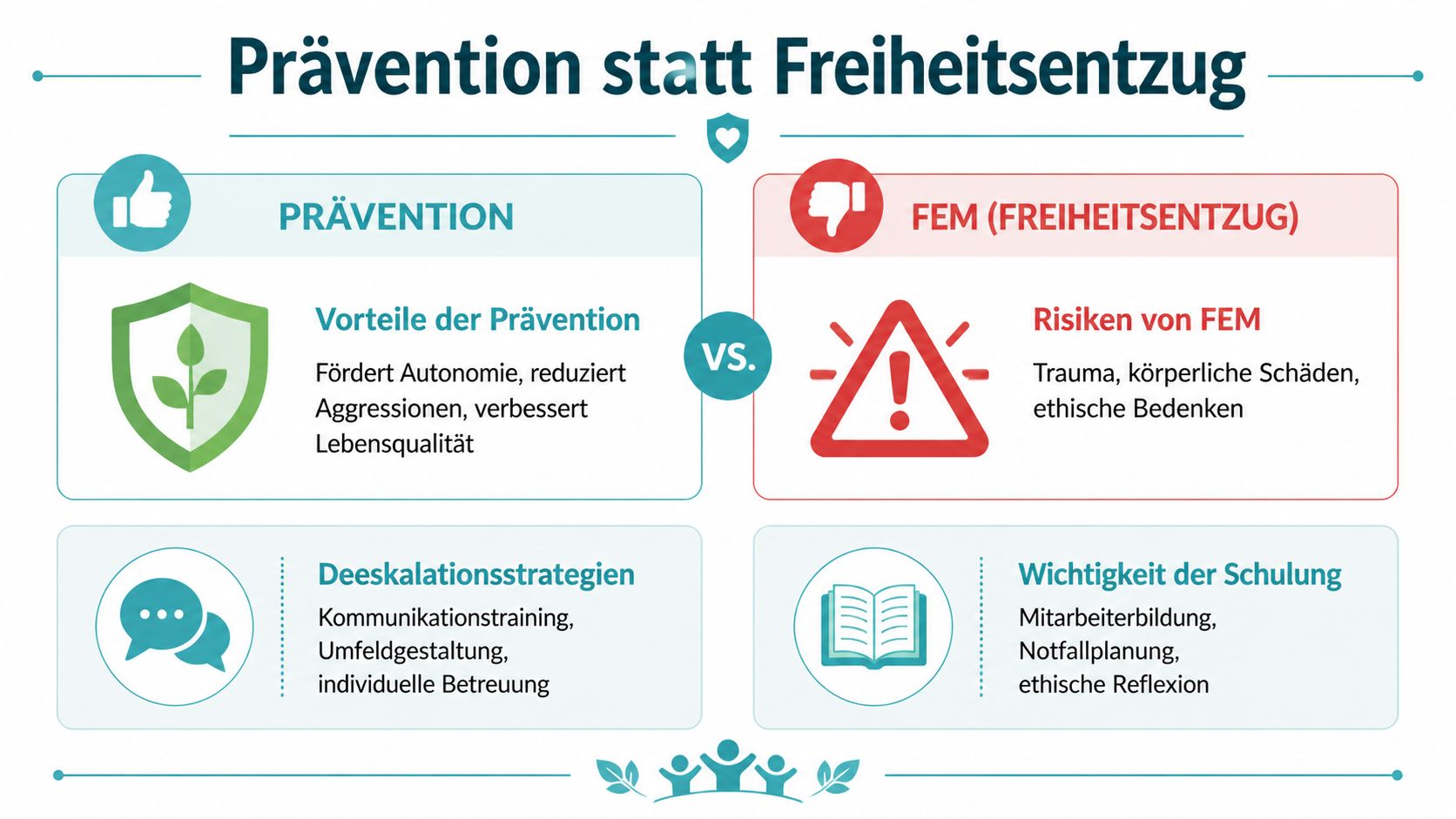 Eine Infografik vergleicht Prävention mit freiheitsentziehenden Maßnahmen in der Pflege unter dem Titel Prävention statt Freiheitsentzug.
