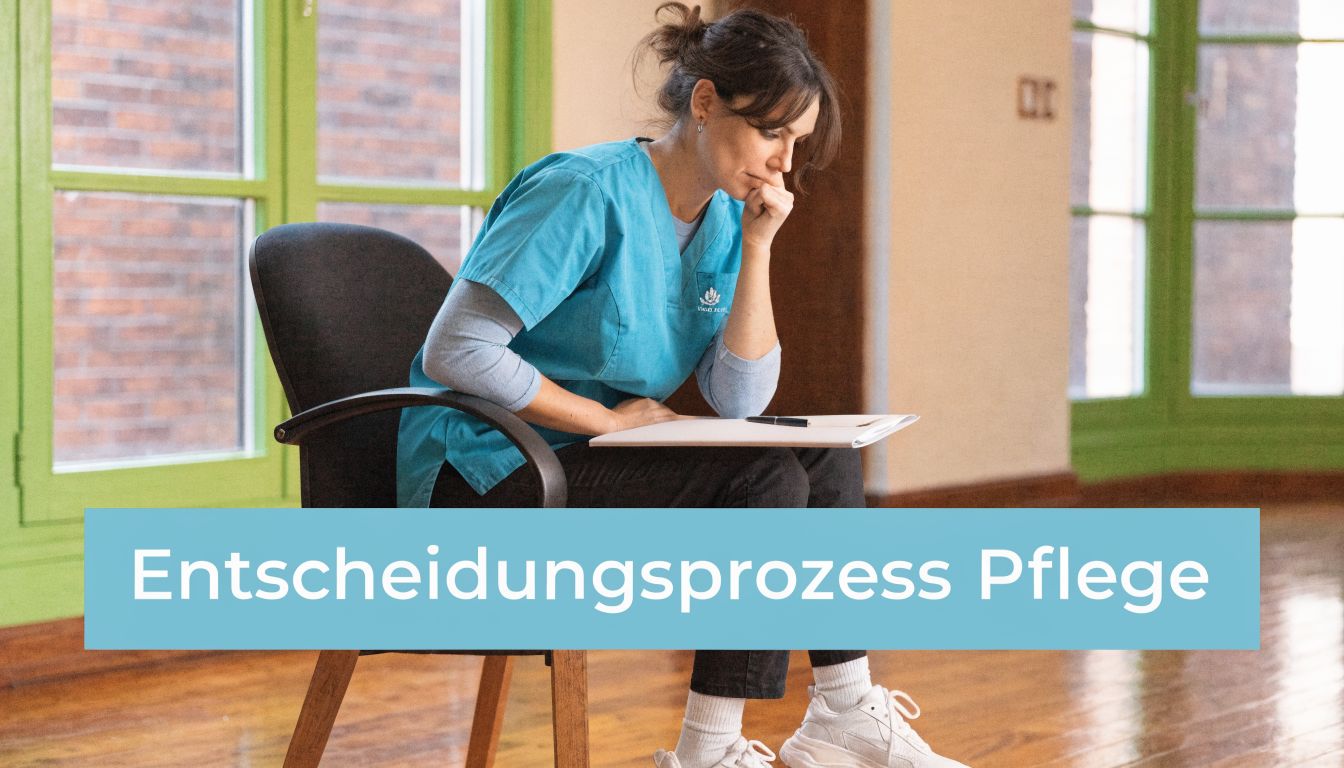 Eine in Blau gekleidete Pflegekraft sitzt nachdenklich auf einem Stuhl und hält ein Notizbuch in der Hand.