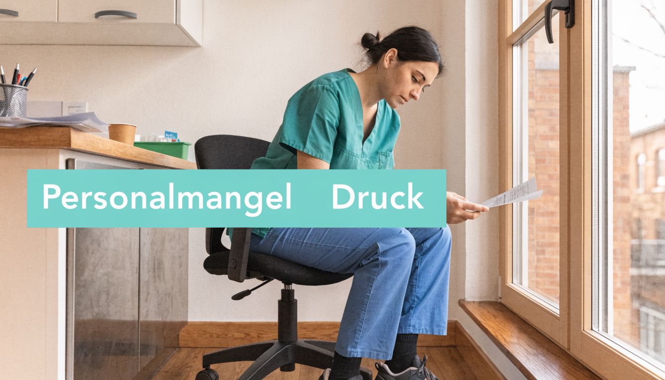 Eine erschöpfte Pflegekraft sitzt nachdenklich am Schreibtisch und hält ein Dokument in der Hand.