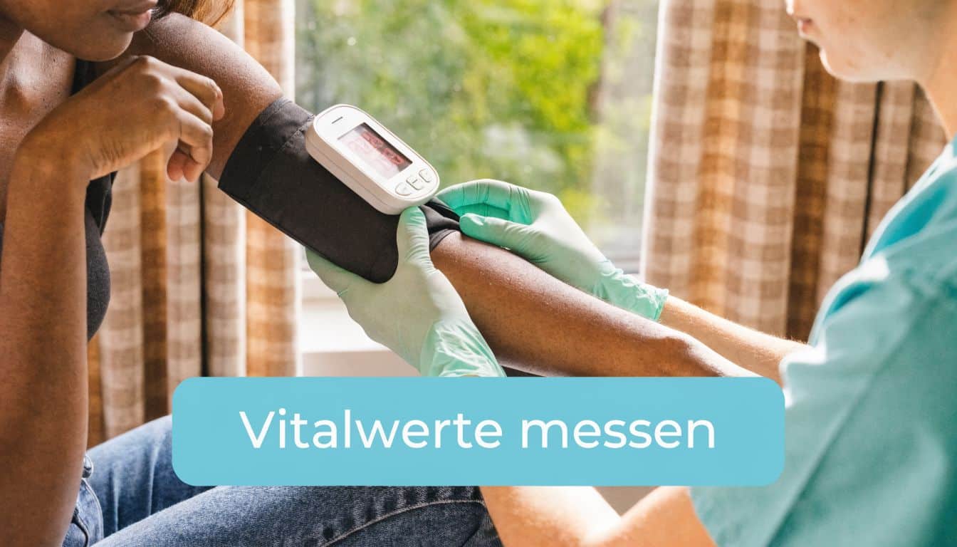 Eine Pflegekraft misst den Blutdruck einer Patientin, um die Vitalwerte in einem professionellen klinischen Umfeld zu überprüfen.