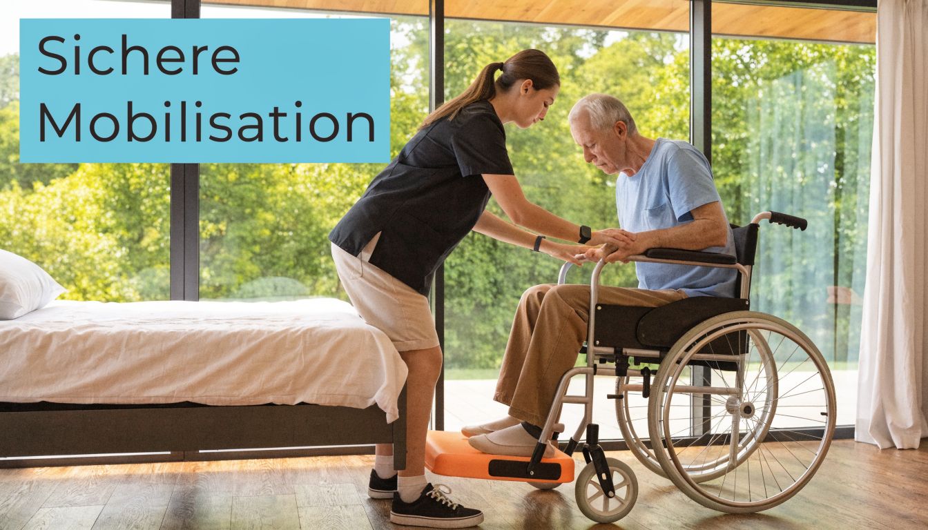 Eine Pflegekraft unterstützt einen älteren Patienten bei der sicheren Mobilisierung aus einem Rollstuhl zum Bett.