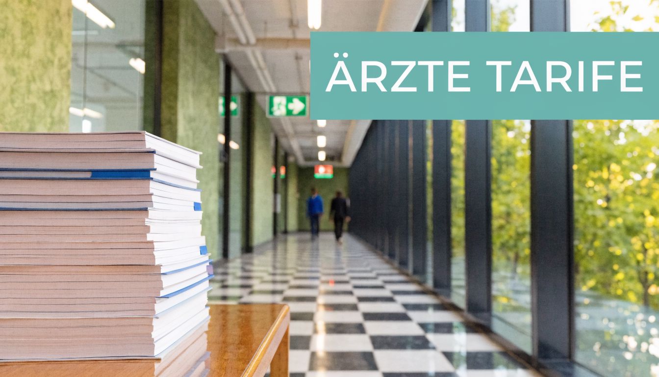 Ein Stapel Dokumente liegt auf einem Tisch in einem Krankenhausflur vor der Überschrift ÄRZTE TARIFE.