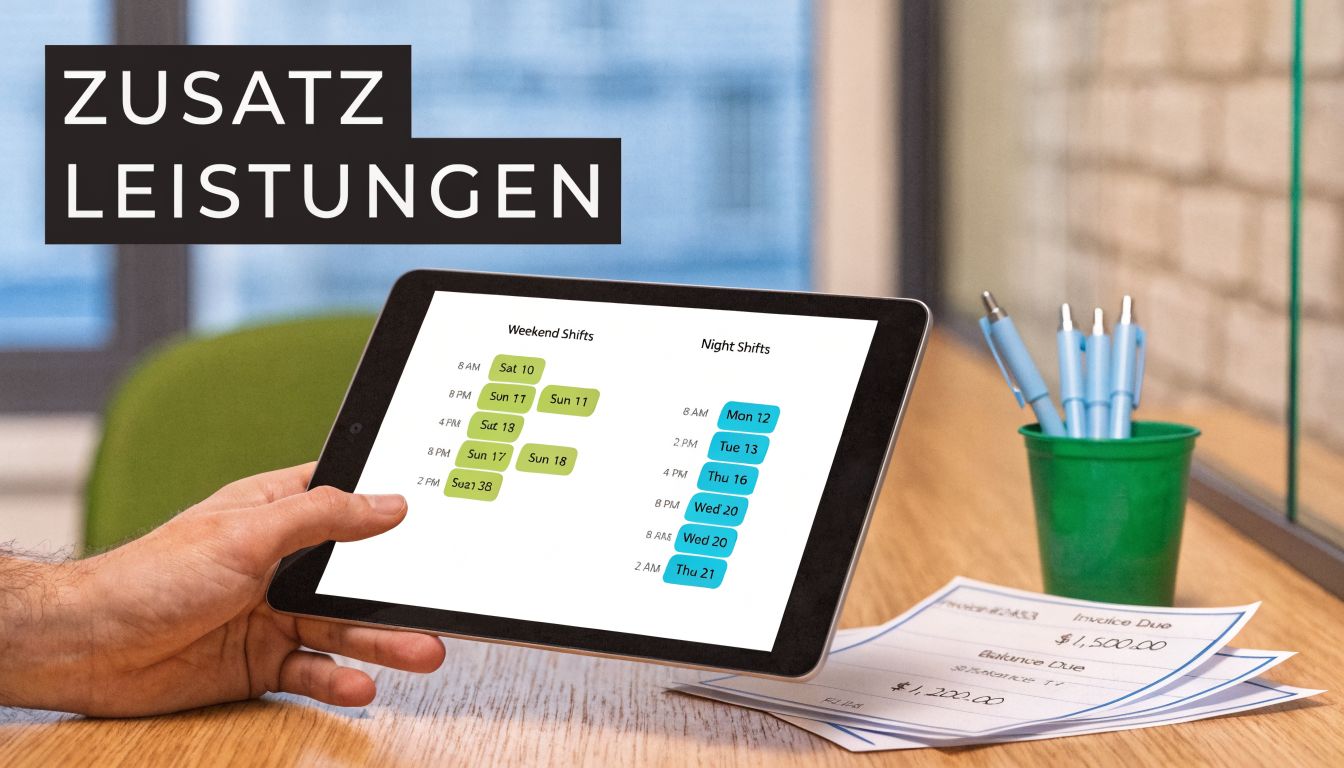 Ein Tablet zeigt einen Dienstplan für Wochenend- und Nachtschichten in einem Krankenhausumfeld mit Rechnungen.
