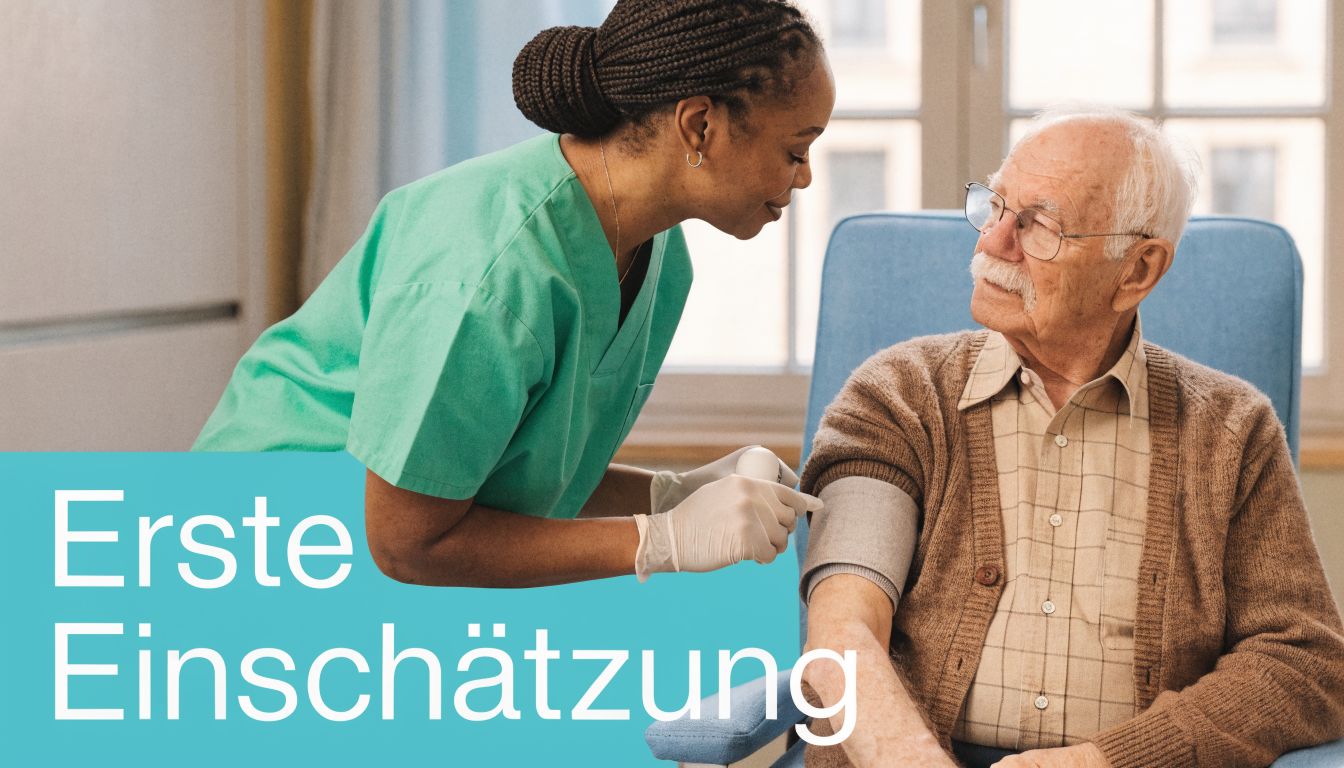 Eine Pflegekraft misst den Blutdruck eines älteren Patienten, der in einem blauen Sessel sitzt.